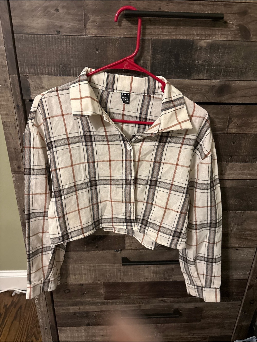 SHEIN Cream Plaid Cropped Button-Down Shirt with Black & Brown Stripes